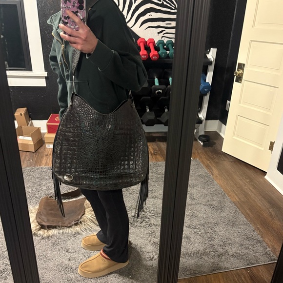 Fringed Black and Teal Croc-Embossed Women's Bag - Picture 7 of 10